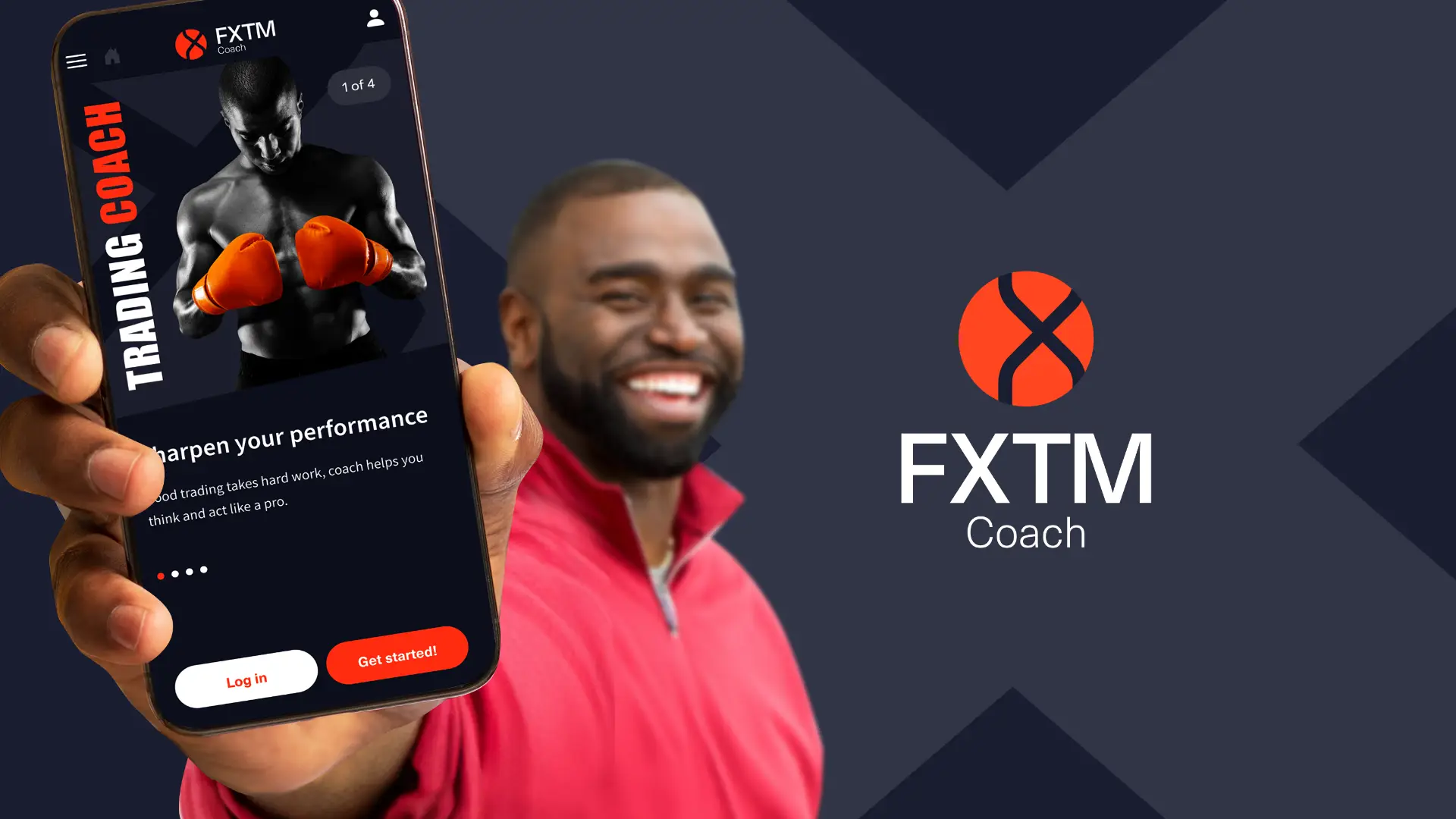 Nigerian man holding a phone displaying the FXTM Coach app